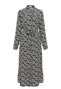 Langes, schwarzes Kleid mit weißem und grünem Blumenmuster, Kragen, Knopfleiste und Stoffgürtel für eine taillierte Silhouette.