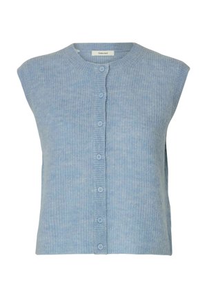 Lichtblauwe mouwloze cardigan gemaakt van ribbelbreiwerk, met een ronde hals en zes bijpassende knopen aan de voorkant.