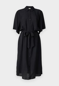 Black button-up shirt dress with short sleeves, cinched waist tie, and a straight silhouette. Made of lightweight fabric with a textured finish.
