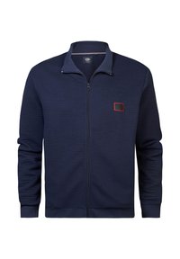 Navy zip-up jacket made of textured fabric with horizontal stripes. Features red accent square logo on the chest and ribbed cuffs.