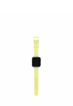 Smartwatch mit schwarzem Bildschirm und leuchtend gelbem Silikon-Armband mit silbernen "T"-Logos an beiden Enden.