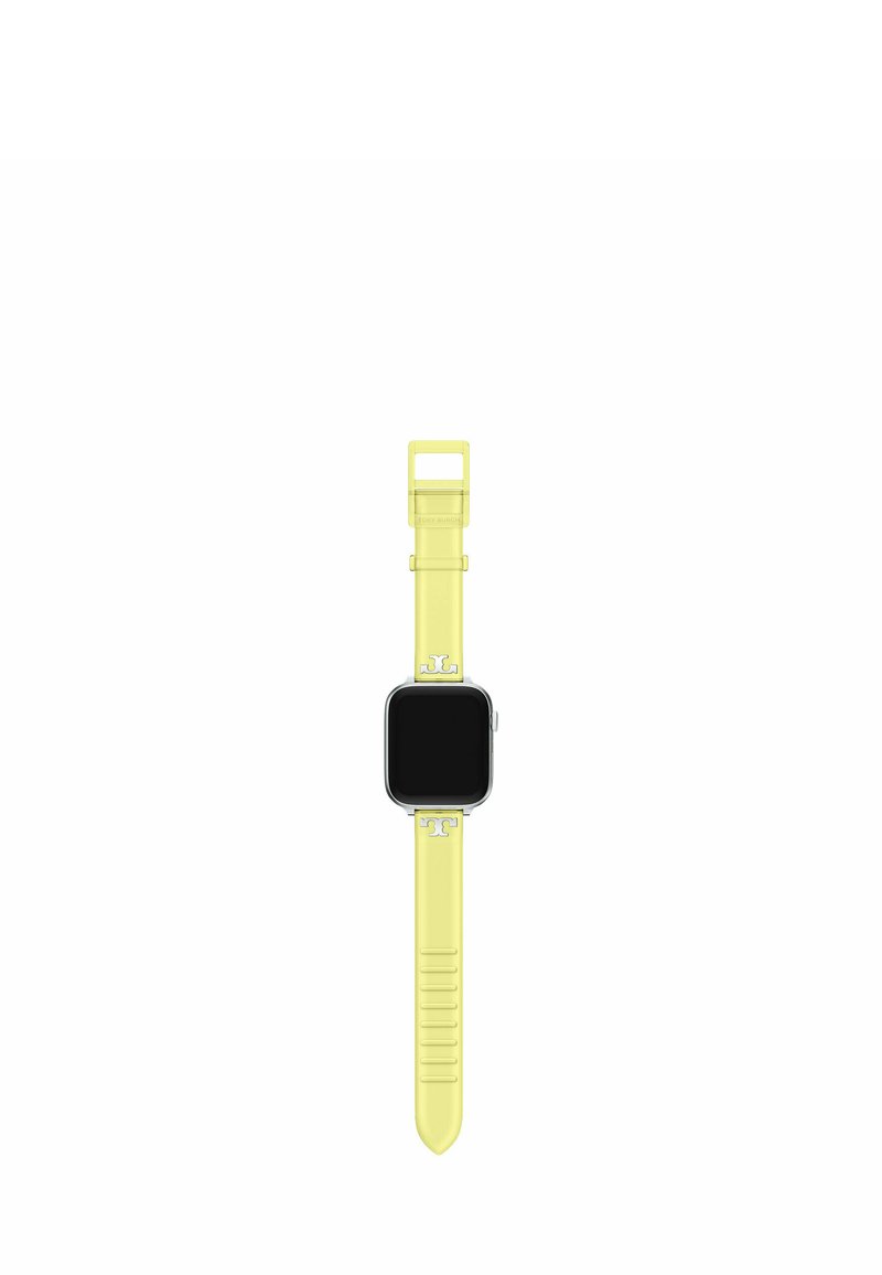 Montre connectée avec écran noir et bracelet en silicone jaune vif avec logos "T" argentés aux deux extrémités.