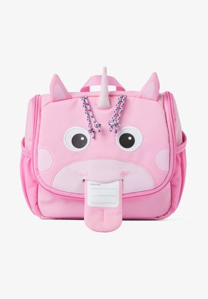 Rucksack im Einhorn-Thema in Pink mit strukturiertem Stoff. Hat große Augen, einen hervorstehenden Horn und eine Namensschildtasche auf der Vorderseite.