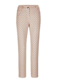 Pantaloni con motivo a diamante nei colori arancione, blu e bianco. Il tessuto ha una superficie liscia e una silhouette slim fit. 