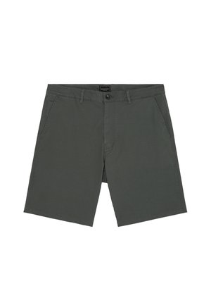 Dunkelgraue, strukturierte Herrenshorts mit Gürtelschlaufen, Seitentaschen und vorderem Knopfverschluss.