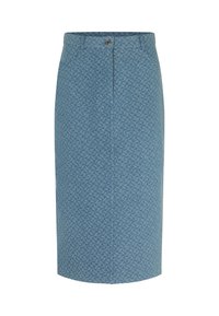 Jupe crayon bleue avec un motif discret, fermeture à boutons sur le devant et fente au dos pour faciliter les mouvements. Fabriquée en tissu léger.