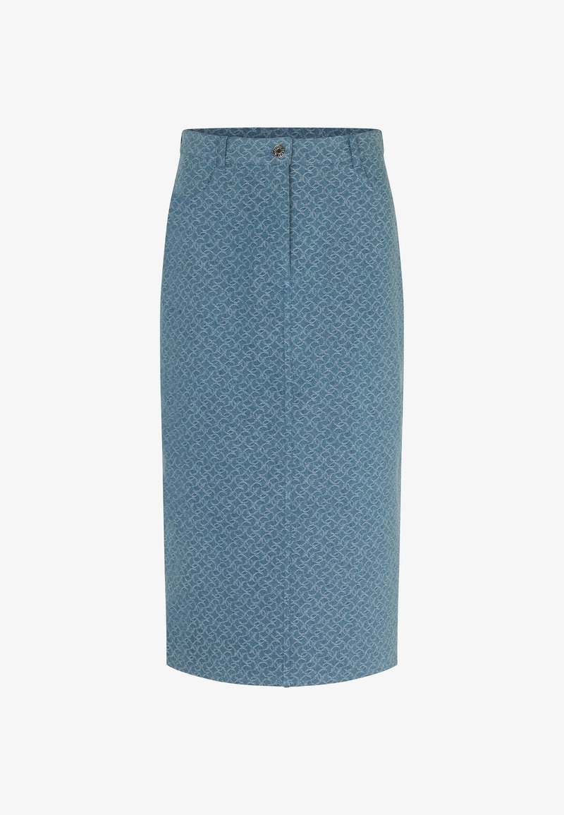 Blue pencil skirt featuring a subtle patterned design, front button closure, and back slit for ease of movement. Made from a lightweight fabric.