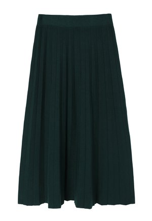 Jupe plissée verte avec une large ceinture, fabriquée en tissu doux, présentant des plis verticaux et une silhouette fluide.