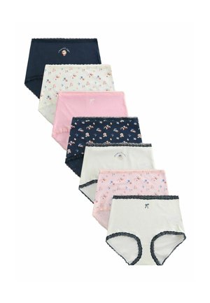 Sieben Damenunterhosen mit hohem Bund in Marineblau, Rosa und Weiß, mit Blumenmustern, Spitzenbesatz sowie kleinen Schleifen- oder Cupcake-Stickereien.