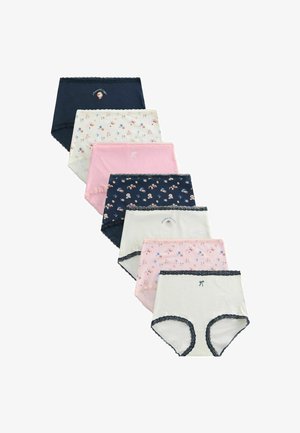 Sedm dámských spodních kalhotek s vysokým pasem v námořnické modři, růžové a bílé barvě, zdobených květinovými vzory, krajkovým lemem a malými výšivkami ve tvaru mašle nebo muffinu.
