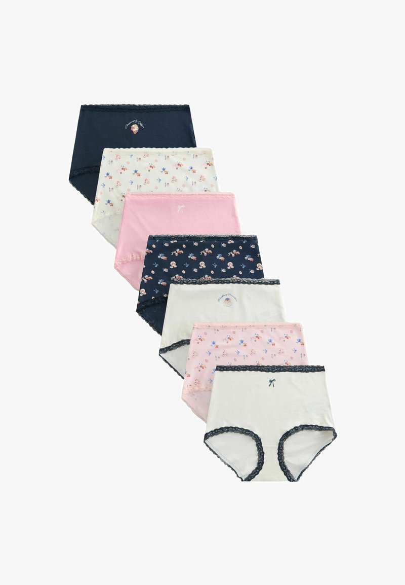 Sept culottes taille haute pour femmes en bleu marine, rose et blanc, avec des motifs floraux, des bordures en dentelle et de petits détails brodés en forme de nœud ou de cupcake.