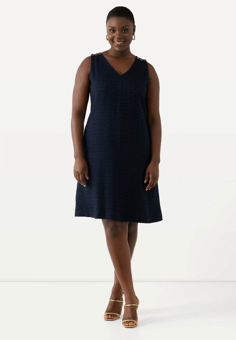 Marineblaue ärmellose Kleid mit V-Ausschnitt, strukturiertem Stoff und dekorativen Knöpfen an der Schulter. A-Linien-Silhouette, knielang.