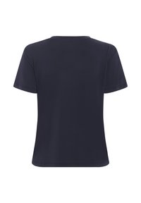T-shirt a maniche corte color blu navy, scollatura rotonda, materiale misto cotone, texture liscia, senza motivi o decorazioni visibili.