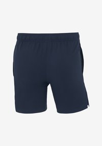 Marineblaue Sportshorts mit nahtlosem Bund, Seitentaschen und einer glatten Stoffstruktur, geeignet für Sport oder Freizeit.