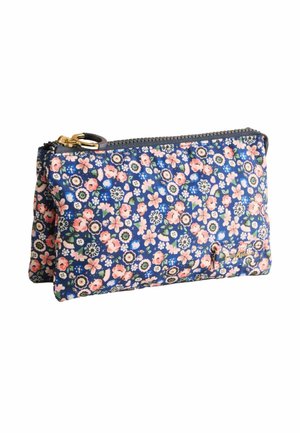 Săculeț din material albastru cu un model floral mic multicolor, fermoar auriu și inel de tragere a fermoarului auriu.