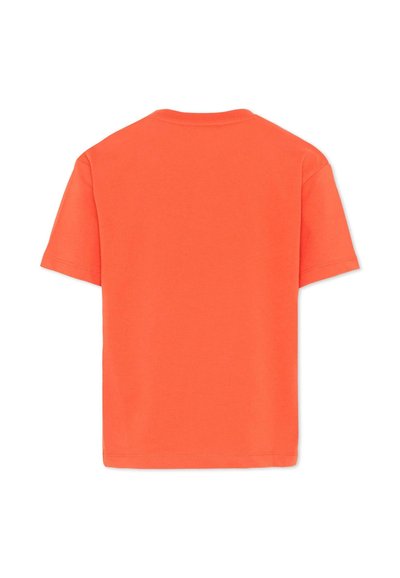 T-shirt orange vif uni à manches courtes, vu de dos avec un col rond, sur fond blanc.