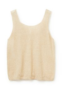 Beige bezrukávový top vyrobený z texturované látky, se zaobleným výstřihem a rovnými lemy. Jednoduchý design s širokými ramínky.