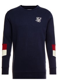 Sudadera de color azul marino hecha de una mezcla de algodón, con cuello redondo, logo bordado en el pecho y acentos en bloques de color en rojo y blanco en las mangas.
