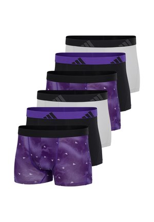 Sechs Paar Herrenboxershorts in Lila, Schwarz und Weiß, gestaffelt gestapelt mit gebrandeten Bundbändern.