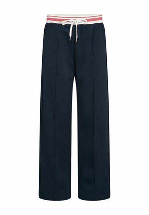 Široke hlače tamnoplave boje s prednjim šavovima, s bijelim trakama za vezanje i elastičnim pojasom s ružičastim prugama.