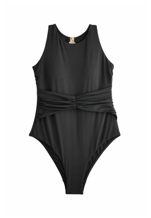 Bañador de una pieza negro con cuello alto, detalle fruncido en la cintura y cierre con broche dorado en la espalda.