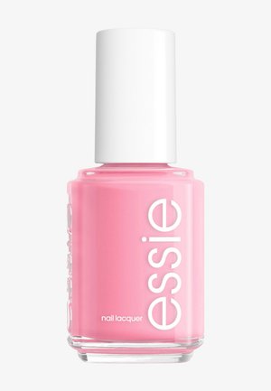 Klares Glasfläschchen mit rosa Essie Nagellack und weißem Schraubverschluss vor neutralem Hintergrund.