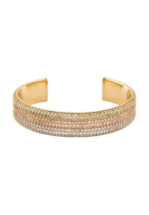 Bracciale a polsino in oro decorato con tre file di piccoli cristalli in tonalità oro, oro rosa e argento.
