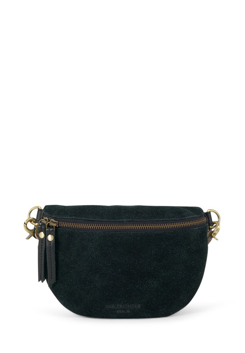 Black suede clutch bag with a rounded shape, gold-tone zipper, and leather accents. Features two decorative leather tassels.