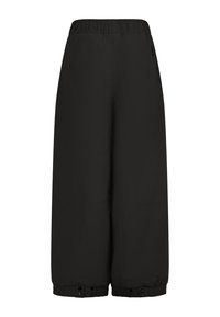 Pantaloni neri a gamba larga con vita elasticizzata e polsini con bottoni automatici alle caviglie, mostrati su sfondo bianco.