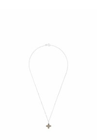 Collana in argento con ciondolo a forma di piccola stella a quattro punte, dotata di una pietra centrale e delicate decorazioni sui punti della stella.