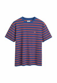 Korte mouwen T-shirt van katoen, met horizontale blauwe en oranje strepen, geribbelde ronde hals en een klein logo op de borst.