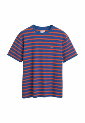 Short-sleeve T-shirt made of cotton, featuring horizontal blue and orange stripes, ribbed crew neckline, and a small logo on the chest.