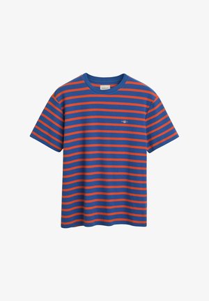 Short-sleeve T-shirt made of cotton, featuring horizontal blue and orange stripes, ribbed crew neckline, and a small logo on the chest.