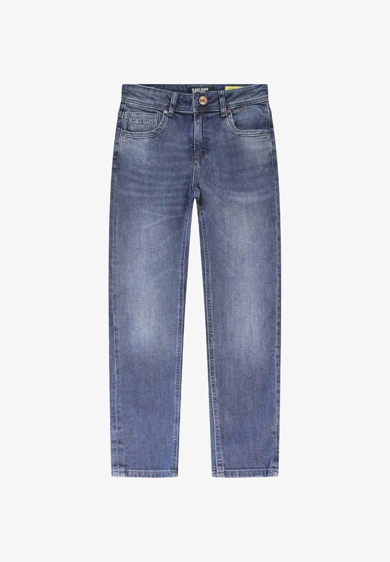 Blauwe spijkerbroek met een rechte snit, voorzien van twee voorzakken, een knoopsluiting en een subtiele vervaging over de stof.