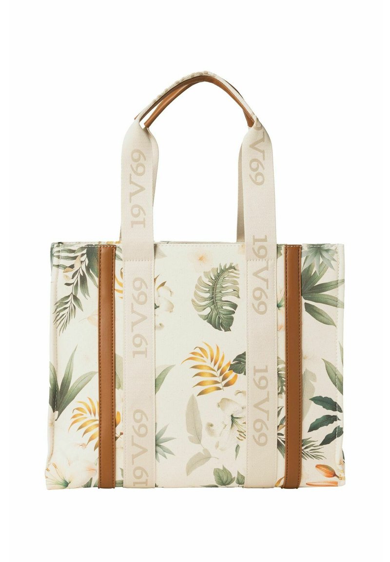 Blumige Tragetasche aus cremefarbenem Stoff mit grünen Blättern und orangefarbenen Akzenten. Verfügt über zwei seitliche Streifen aus braunem Leder und gewebten Trägern.