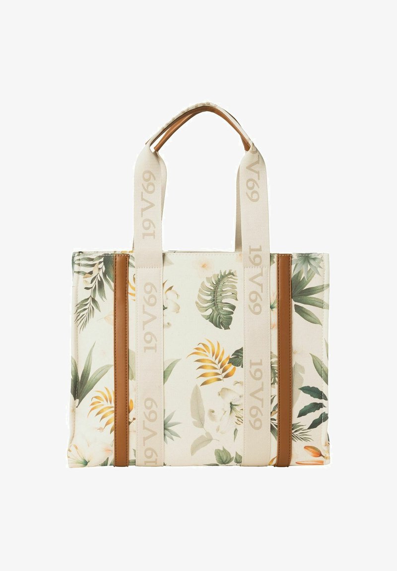 Blumige Tragetasche aus cremefarbenem Stoff mit grünen Blättern und orangefarbenen Akzenten. Verfügt über zwei seitliche Streifen aus braunem Leder und gewebten Trägern.