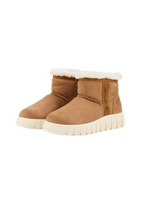 Braune Wildleder-Stiefeletten mit weißem Kunstfellfutter, elastischem oberen Rand, geflochtenem Detail und einer dicken cremefarbenen Gummisohle. Leicht strukturierte Oberfläche.