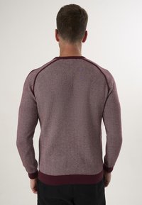 Suéter burdeos con un tejido texturizado, puños y dobladillo acanalados, y mangas raglán. Llevado al revés, mostrando el diseño y el ajuste en la parte posterior.