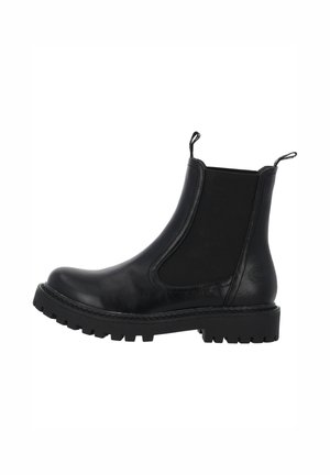 Black leather Chelsea boot with elastic side panels, pull tabs on front and back, and thick lug sole.