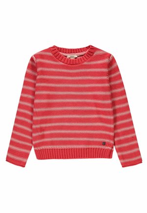 Pull rayé rouge et blanc avec un col rond côtelé, des manches longues et un tissu en maille texturée. Petit logo en accent sur le bas à gauche.