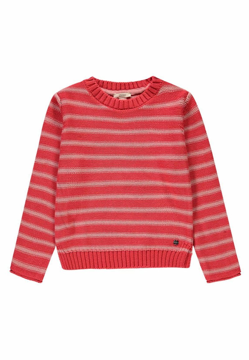 Pull rayé rouge et blanc avec un col rond côtelé, des manches longues et un tissu en maille texturée. Petit logo en accent sur le bas à gauche.