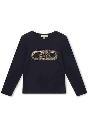 T-shirt à manches longues noir en coton, avec un design de logo doré métallique agrémenté de clous sur le devant. Encolure ronde simple.