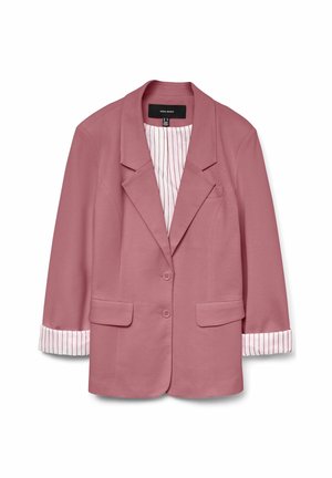 Rosa kavaj med en strukturerad design, två framfickor och knäppning med knappar. Fodret har ett mönster med vita och rosa ränder.