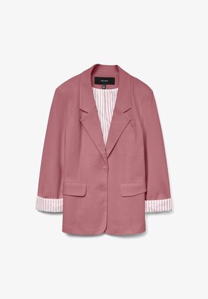 Růžový blazer se strukturovaným designem, dvěma předními kapsami a zapínáním na knoflíky. Podšívka má bílý a růžový pruhovaný vzor.