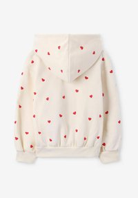 Crème hoodie met een rood hartpatroon, voorzien van een capuchon, elastische zoom en manchetten, gemaakt van zachte, gestructureerde stof.