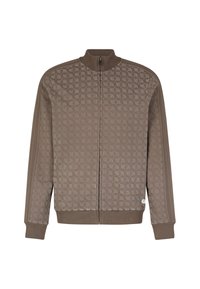 Braune Zip-Jacke mit einem subtilen Allover-Schmetterlingsmuster, geripptem Kragen und Bündchen, kontrastierenden Seitenstreifen und glatter Textur.