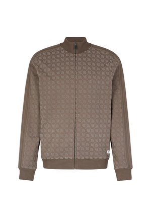 Bruine zip-up jas met een subtiel overal vlinderpatroon, geribde kraag en manchetten, contrasterende zijstrepen en een gladde textuur.