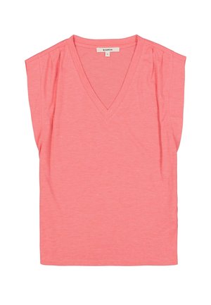 Koraalroze V-hals T-shirt met korte mouwen, zacht, lichtgewicht stof, met een subtiele textuur en zonder zichtbare patronen of accenten.