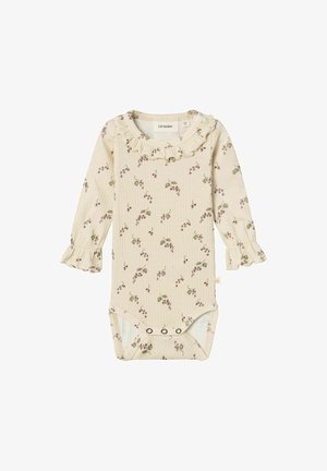 Body a maniche lunghe per neonati in morbido tessuto a coste beige chiaro. Presenta un colletto arricciato e piccoli motivi floreali in viola e verde. Chiusura a bottoni sul fondo.