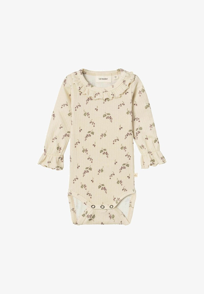 Body a maniche lunghe per neonati in morbido tessuto a coste beige chiaro. Presenta un colletto arricciato e piccoli motivi floreali in viola e verde. Chiusura a bottoni sul fondo.